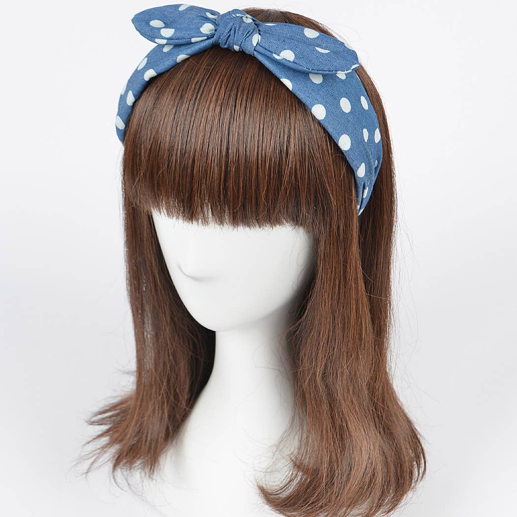 Polka Dot Denim Braided Headband