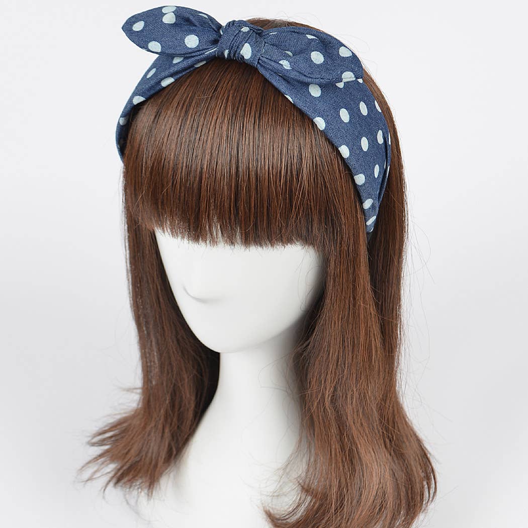 Polka Dot Denim Braided Headband