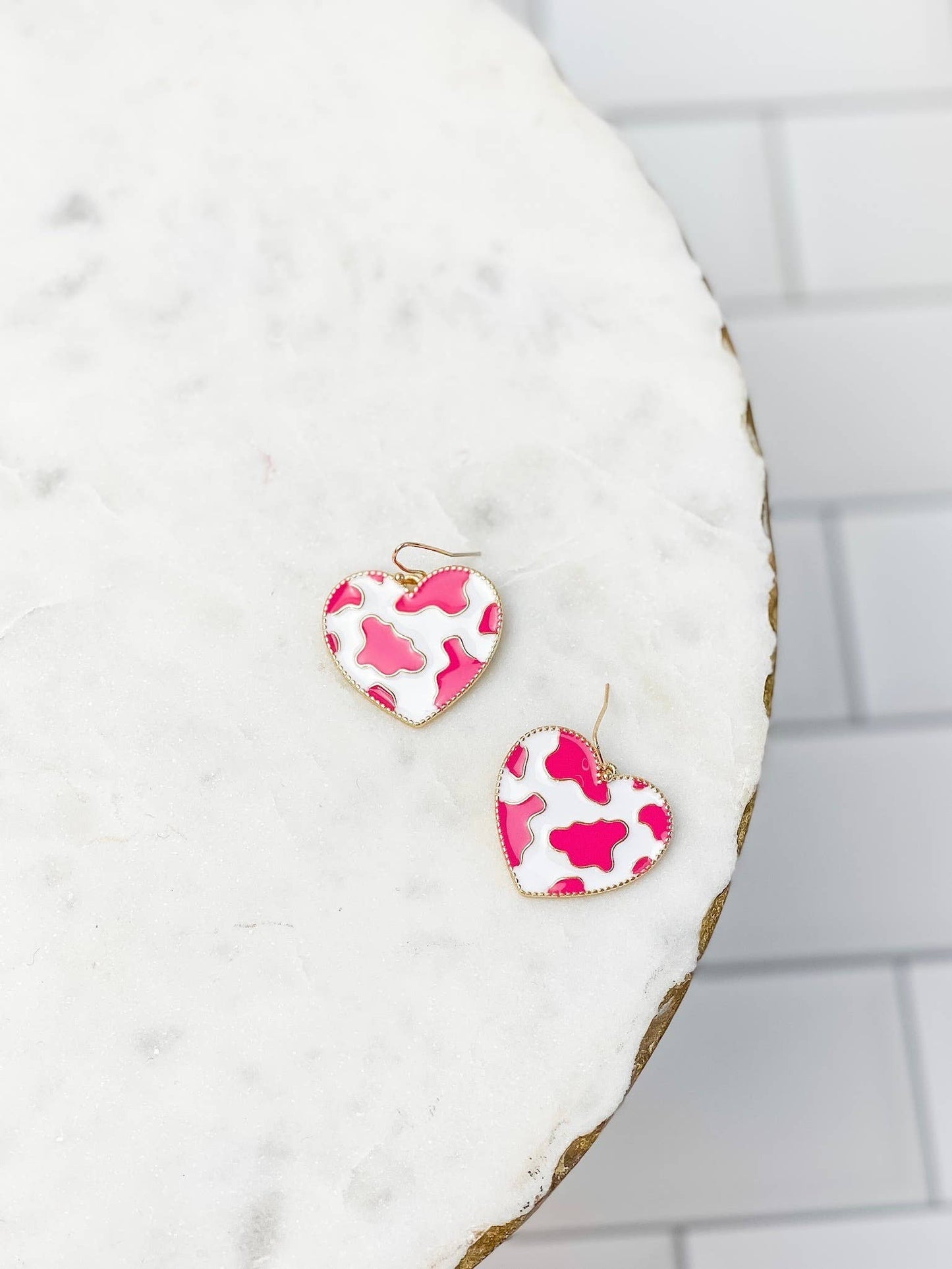 Cow Print Heart Dangle Earrings