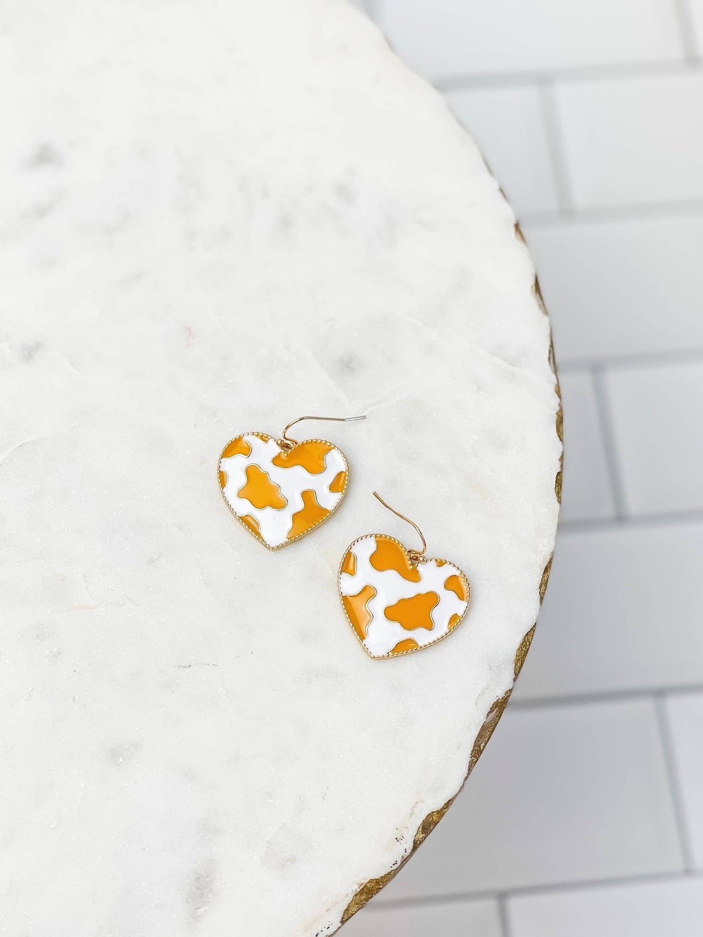 Cow Print Heart Dangle Earrings