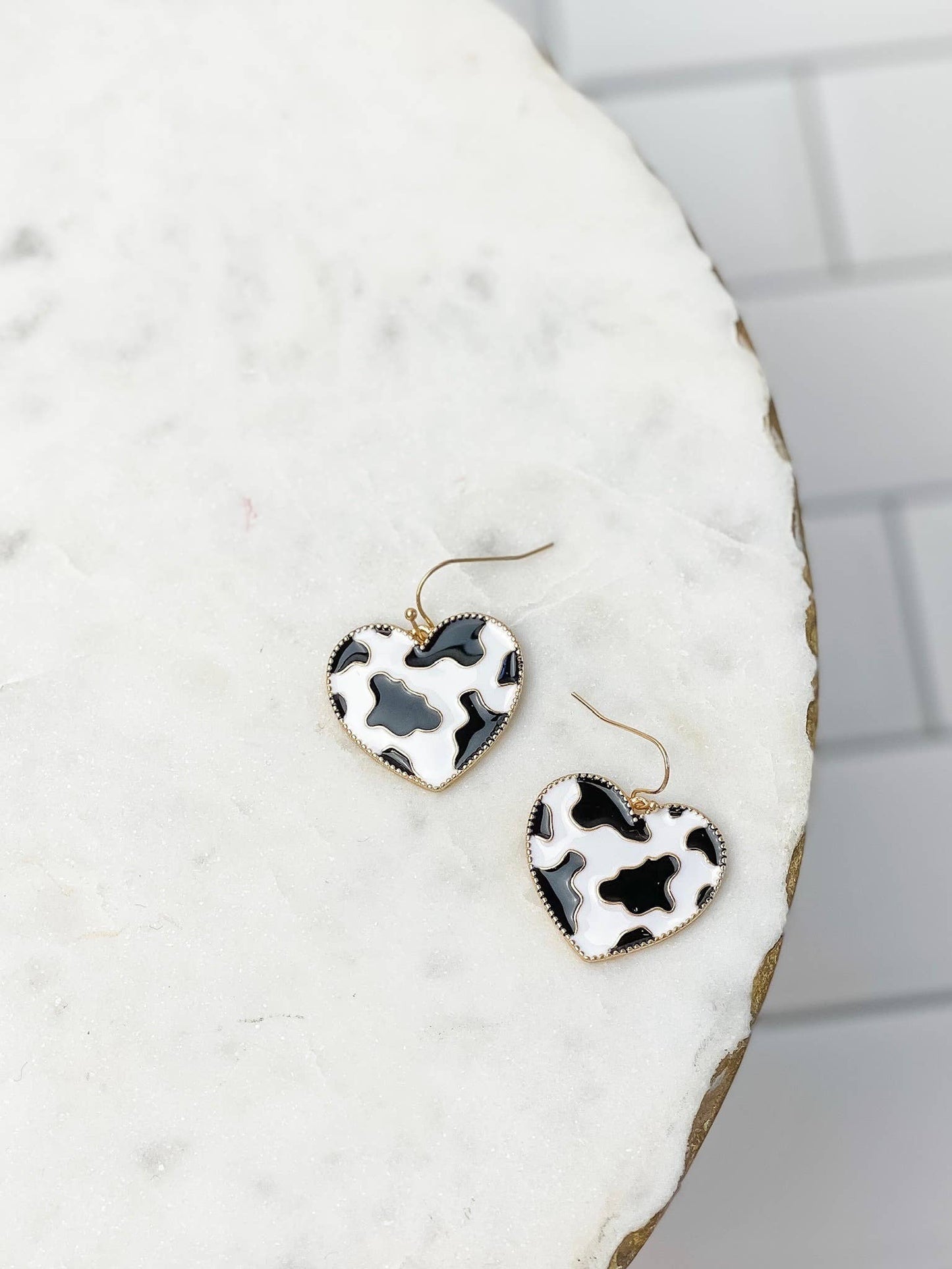 Cow Print Heart Dangle Earrings