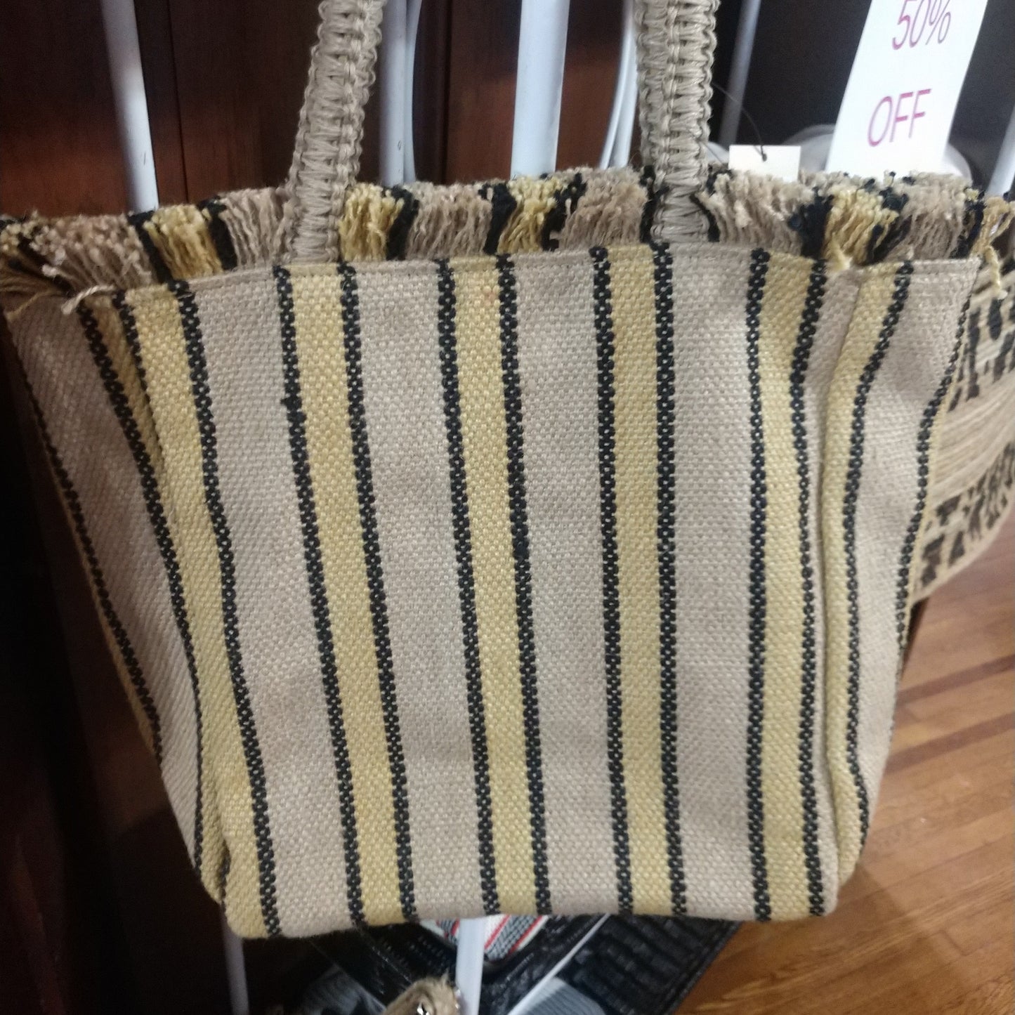 MAGGIE’S STRIPE BURLAP BAG