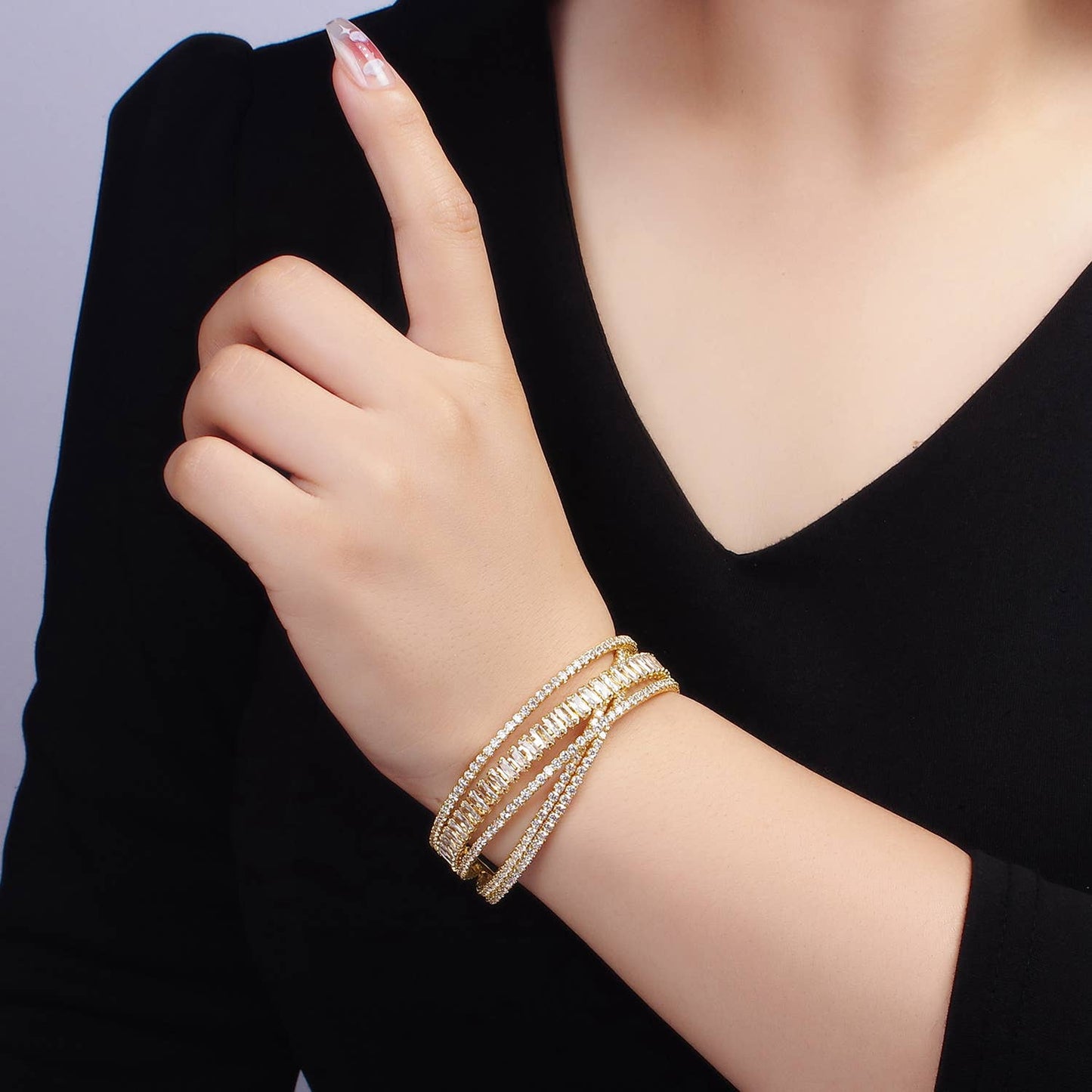 24k Gold F CZ Baguette Bangle Bracelet